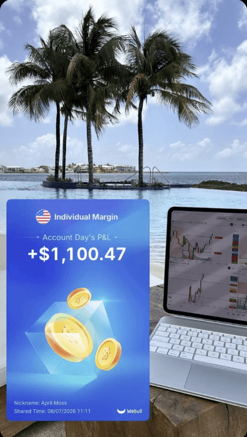 A Webull account screen showing a day's P&L of +$1,100.47, beside an iPad displaying trading charts on a poolside desk overlooking palm trees and the sea.